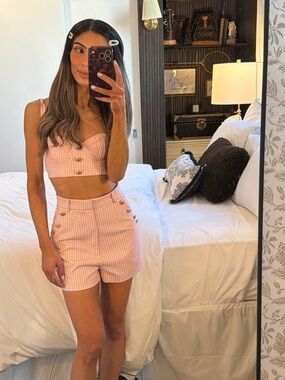 AMBER x MESHKI Pink Gingham Corset & Tailored Short Matching Set